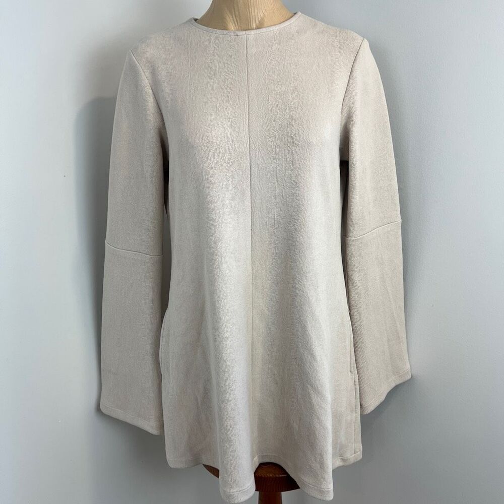 Vintage Made in Canada Meg Shop Large Faux Leather Long Bell Sleeve Mini Dress